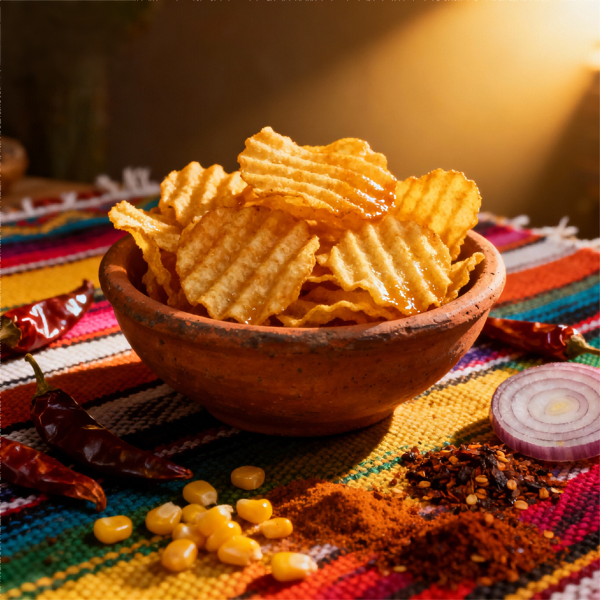jimeng-2025-11-06-6456-充满活力的美食摄影，一堆金黄色的波浪薯片盛在粗糙的陶碗里，周围散落着干辣椒、玉米....png